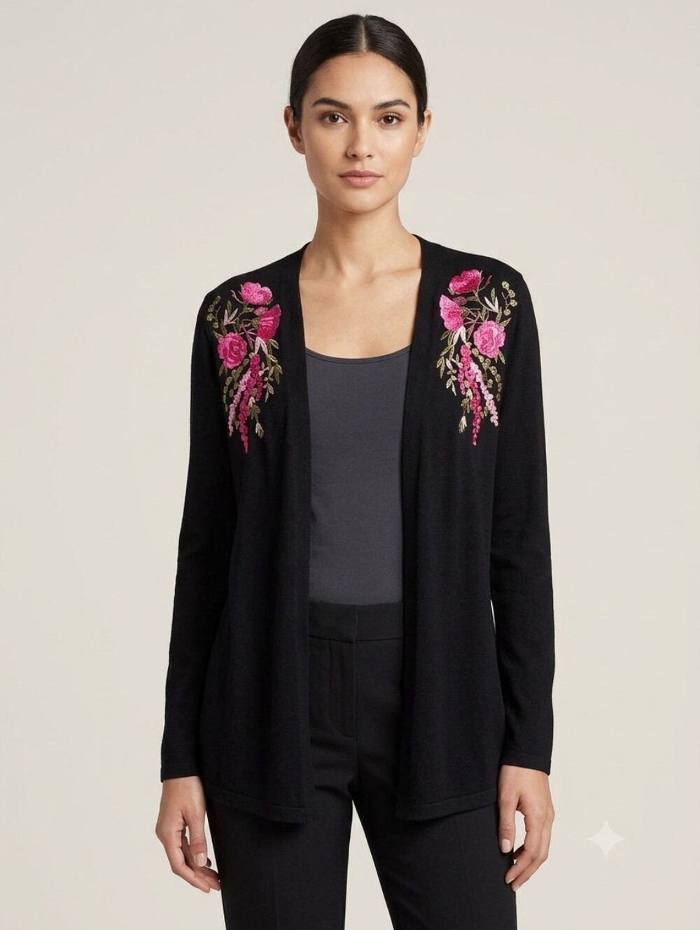 INC International Concepts Black Open-Front Cardigan with Pink Floral Embroidery